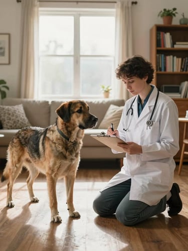 Wide environmental shot of a veterinarian kneeling beside a large dog in a home living room, taking notes on a clipboard, natural afternoon light through a window, bookshelves visible in the background, calm domestic atmosphere