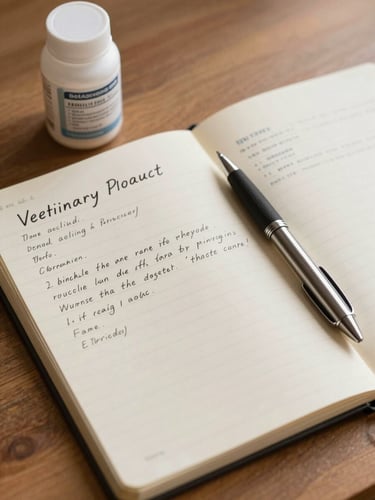 Overhead view of a handwritten veterinary protocol chart on a cream notebook page, a small glass jar of supplements beside it, a pen resting across the page, warm morning light on a wooden surface, clean and purposeful composition