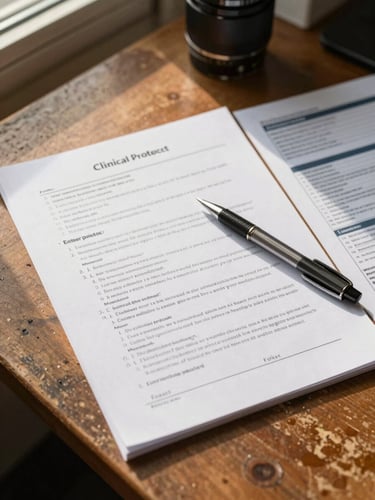 Close-up overhead shot of handwritten clinical protocol notes on a worn wooden desk, a pen resting on the paper, warm indoor window light casting soft shadows, diagnostic reference printed beside it