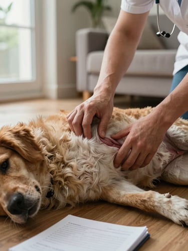 Close-up of a veterinarian's hands gently examining a dog's abdomen on a home living room floor, natural window light from the left, warm ambient interior, a small notebook with handwritten protocol notes visible in the lower corner
