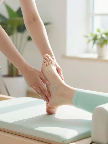 Close-up of gentle hands guiding a patient's foot alignment on a wooden Pilates reformer, soft natural daylight streaming from a window, plants in soft focus, bright editorial style.