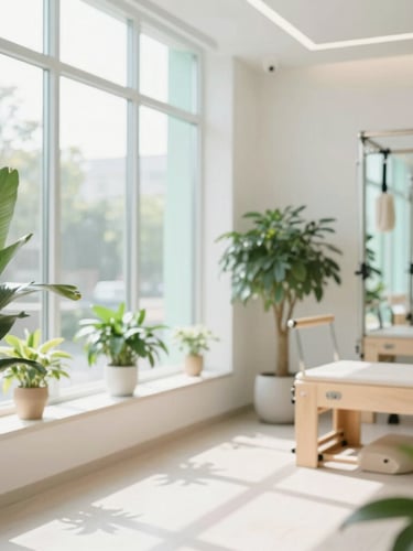 Bright and clean clinic interior with green plants, large windows with soft daylight streaming in, wooden Pilates equipment in background, warm and inviting atmosphere.