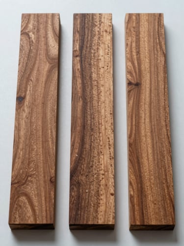 Extreme close-up overhead of three parallel walnut boards on a light studio surface, cool diffuse strobe lighting from above, grain figure and pore detail in sharp focus, finish variation visible across boards, no hands or tools in frame