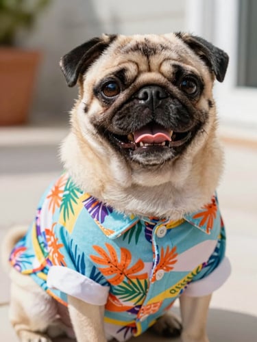 A joyful pug wearing a colorful tropical print shirt, sitting happily on a sunny patio, close-up eye-level shot, vibrant colors, shallow depth of field