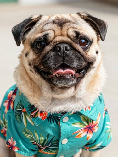 Close-up of a happy pug wearing a colorful teal tropical shirt that fits its broad chest perfectly, bright natural daylight, eye-level shot