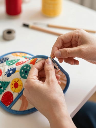 A close-up of artisan hands carefully stitching a colorful fabric pattern for a pet vest in a bright, sunlit workshop, focus on the handmade details, warm atmosphere