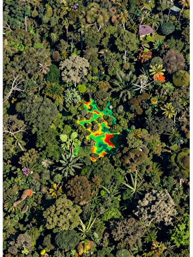 High-altitude aerial orthophoto of a dense tropical forest canopy, sharp orthographic perspective, 70mm technical aerial photography, crisp daylight.