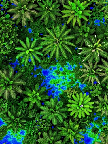 Top-down orthographic view of dense tropical canopy mapped with laser elevation points, vibrant neon green and blue point cloud visualization, 70mm
