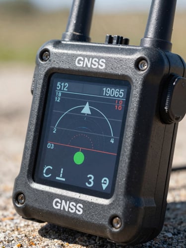 Close-up of a ruggedized GNSS receiver interface showing live satellite signal strengths, bright natural outdoor lighting, high-contrast realistic tones