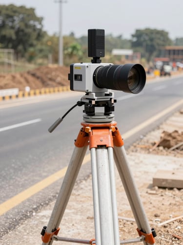 High-precision GNSS rover mounted on a heavy-duty tripod in an active Indian highway construction site, bright natural daylight, 35mm lens, sharp focus