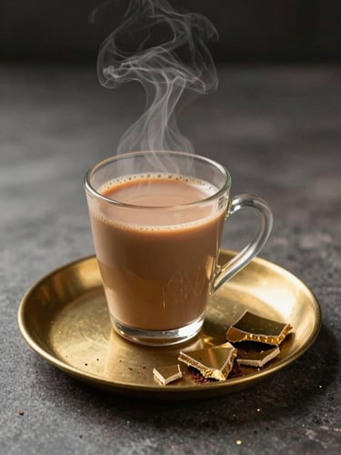 A steaming cup of traditional Pakistani spiced chai next to a small brass plate holding broken pieces of golden gur, warm moody lighting.