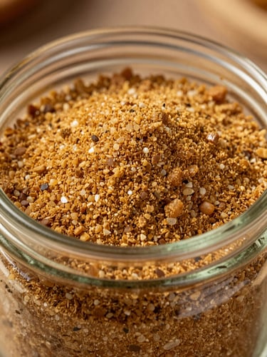 Macro close-up of granular, golden-brown stone-ground shakkar texture, showing fine moisture-rich grains inside an elegant glass jar, warm side lighting