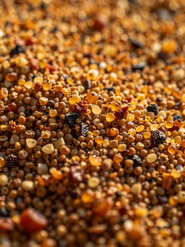 Macro close-up of golden granular shakkar texture, warm low-contrast golden hour sunlight highlighting the rich amber grains and deep brown molasses tones.