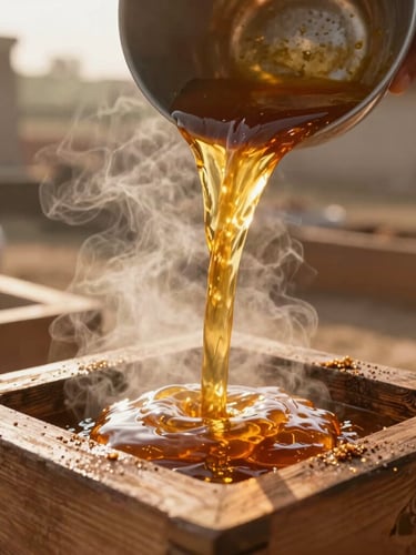 Close-up of golden warm gur being poured into traditional square wooden molds on a heritage farm in Pakistan, steam rising, soft golden hour light highlighting the rich amber texture.