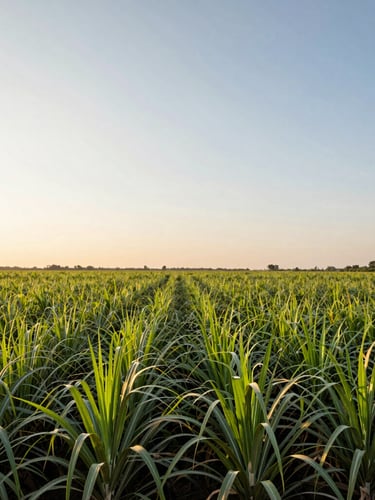 Wide panoramic shot of lush green sugarcane fields along the Indus river basin under warm golden hour sunlight, deep green stalks framing the horizon.