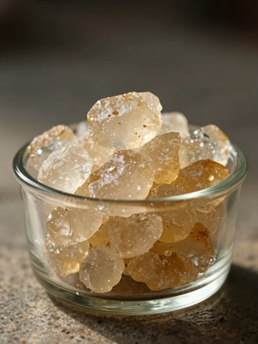 Macro close-up of translucent, golden-white khandsari sugar crystals resting in an elegant, minimalist glass jar on a raw stone surface, warm low-contrast morning light, shallow depth of field.