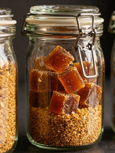 Macro close-up of premium glass pantry jars filled with granular golden shakkar and rich amber gur blocks, warm low-contrast golden hour light catching the glass facets, clean dark background.