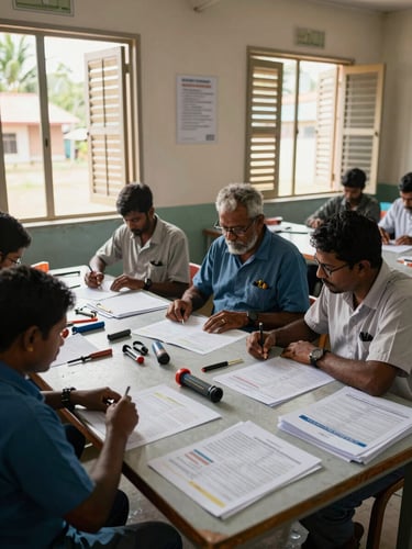 Wide environmental frame inside a vocational training workshop in Jaffna, Ketheeswaran Sugesan reviewing training materials at a worktable, natural north-facing daylight through louvred windows, tools and printed programme schedules visible on the table, documentary framing from slightly above and to the left