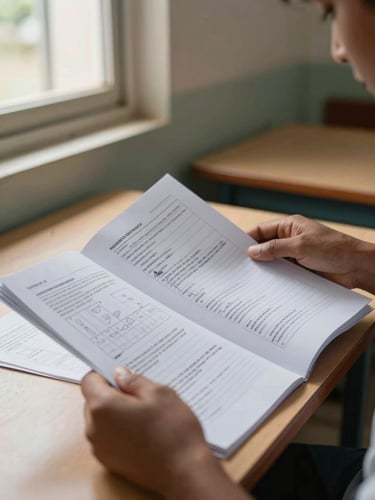 Close detail of a trainer's hands holding printed training materials at a desk in a community learning centre in Jaffna, ambient indoor natural light from a window to the left, pages spread open showing diagrams and Tamil text, shallow depth of field