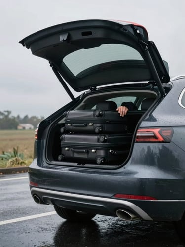 Close documentary shot of a wheeled suitcase being loaded into the boot of a dark saloon car, driver's hands visible, overcast morning light, wet tarmac reflecting grey sky, no faces shown