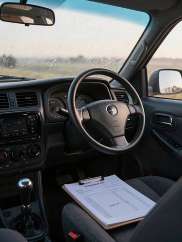 Close documentary shot of a dark saloon car dashboard and steering wheel at dawn, dispatch clipboard resting on the passenger seat, condensation on the windscreen, flat morning light through the glass
