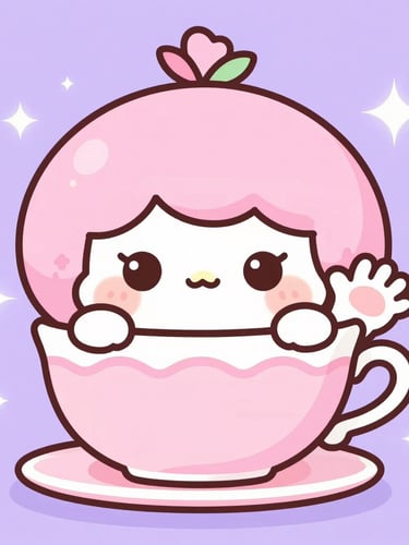 Kawaii 2D vector portrait of Roachy hiding under a giant pastel pink teacup, peeking out shyly with big sparkling eyes at Moachy who is waving with a warm blush on her cheeks, soft lavender background.