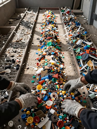 Close overhead documentary framing of a plastic sorting floor inside an Iraqi recycling facility, multiple material streams separated by type and color laid out on a concrete surface, two sets of gloved hands mid-sort in the foreground, natural daylight from high windows casting hard shadows across the material piles