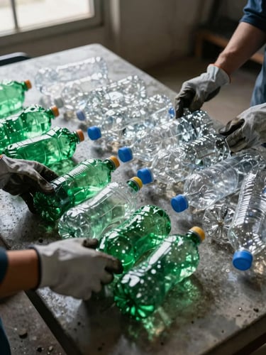 Close-up overhead shot of hands sorting crushed plastic bottles by colour on a concrete sorting table, natural daylight from a high window illuminating the material, green and clear plastics separated into distinct piles, worn work gloves visible, gritty facility floor in background
