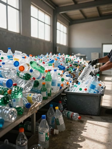 Wide environmental shot from inside a plastic sorting facility in Iraq — left side of frame shows a large table covered with separated PET bottles and HDPE containers under natural daylight streaming through high industrial windows; a worker's gloved hands visible mid-frame pulling a bundle of sorted plastic toward a bin; concrete floor and raw wall in the background; no staging, no studio lighting, operational work-site conditions