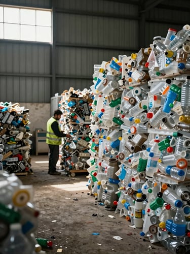Wide panoramic view from inside a plastic recycling facility in Baghdad — sorted plastic bales stacked floor to ceiling on the right, a worker in a high-visibility vest moving material in the middle distance, corrugated metal walls and natural daylight streaming through a high window on the left. Documentary framing, no studio lighting, the industrial environment is the entire backdrop.
