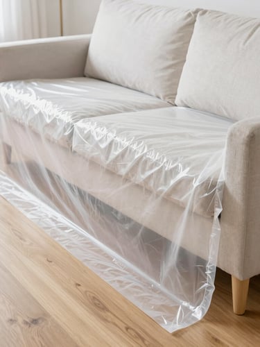 Spotless drop cloths and clean plastic sheets carefully protecting a modern sofa and wooden floor in a bright apartment, natural daylight