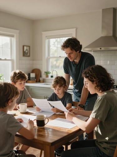Wide interior shot, a family of four gathered around a kitchen table reviewing paperwork in warm natural morning light, coffee cups and documents visible, casual home setting, soft north-facing daylight, intimate and unhurried