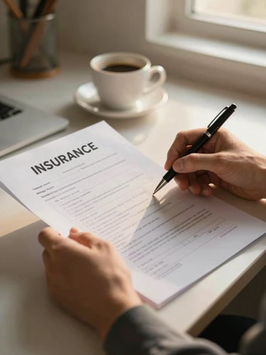 Close-up of hands on a kitchen table, one hand holding an insurance policy document, another reaching for a pen, warm golden-hour light from a nearby window, coffee cup softly blurred in the background