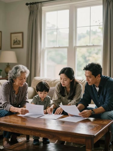 Wide editorial frame, a multi-generational family seated in a warmly lit living room — grandmother, parents, and a child — reviewing papers on a coffee table, natural north-facing daylight through large windows, soft depth of field, navy and warm wood tones, no faces in tight close-up, generous negative space on the left edge