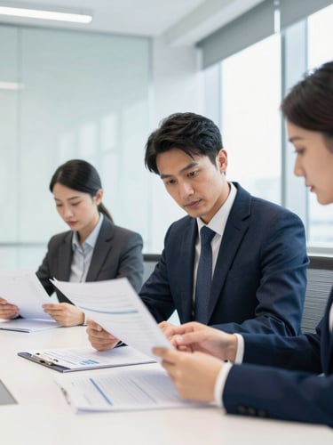 Medium-close shot of professional corporate partners analyzing data sheets in a bright modern boardroom, cool architectural lighting, clean geometric composition, sharp focus, 35mm lens