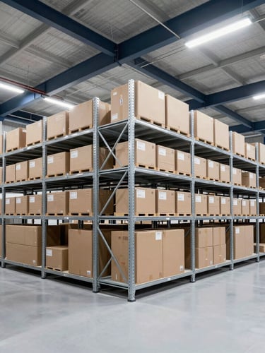 Wide angle architectural shot of a modern, highly organized logistics distribution hub with clean steel shelving and cool-toned lighting.
