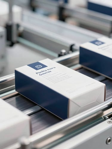 Close-up of high-quality consumer goods packaging moving on a clean, modern automated conveyor belt system, crisp daylight, sharp focus.