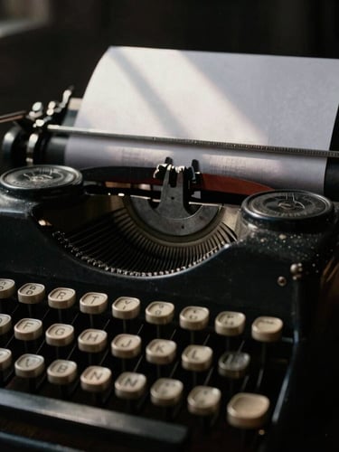 Close-up macro shot of an antique typewriter, keys worn smooth, with a sheet of heavy paper partially rolled in, illuminated by a single shaft of window light in a dark room, deep ink and charcoal tones, 35mm film grain.