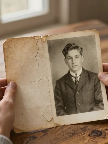 Close-up shot of hands holding a partially restored vintage black-and-white family photograph, showing a clear contrast between the cracked, aged left side and the smooth, digitally restored right side. Warm, soft morning light filtering through a window, highlighting the texture of the old paper on a rustic wooden table.