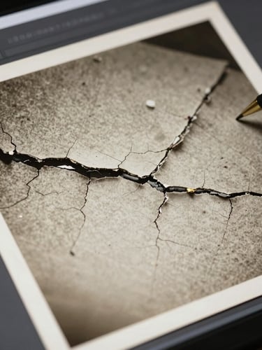 Macro shot of a vintage photo texture, showing cracked paper being carefully restored on a high-resolution digital editing screen with soft lighting.