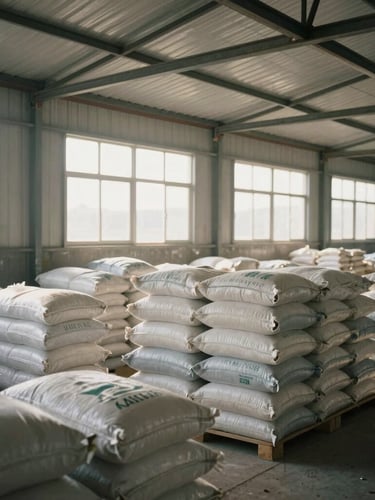 Wide-angle environmental shot of stacks of agricultural product sacks inside a clean, well-lit rural warehouse in Khorda, bright morning light filtering through high windows.