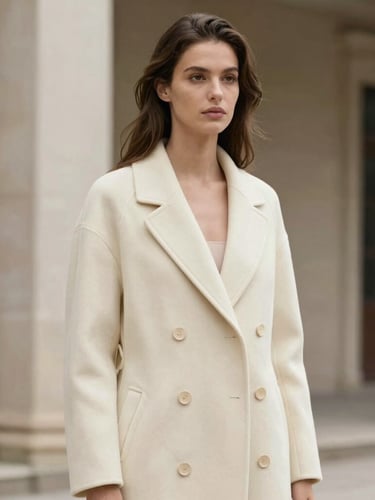 Sofia in an elegant cream-colored coat, outdoor architectural setting, soft natural light, high-fashion editorial style