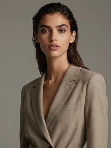 Elegant fashion photography of a Latina model, soft studio lighting, muted neutral tones, high contrast, 85mm portrait lens, neutral studio background