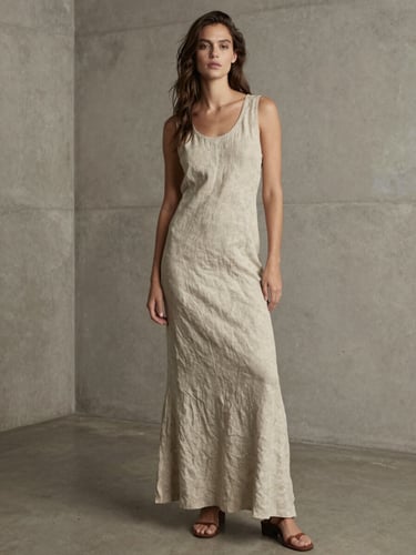 Full-length fashion photography of Camila posing in an avant-garde linen dress, soft natural light, minimalist concrete interior, muted neutral tones