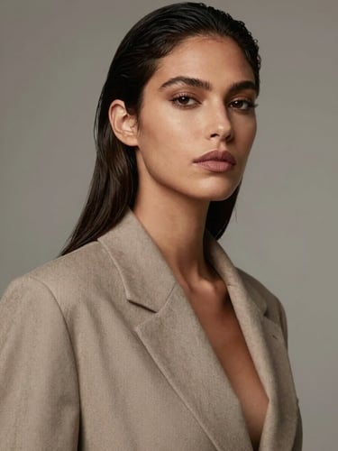 Elegant fashion portrait of a Latina model with sharp features, high-fashion styling, soft studio lighting, muted neutral background, 85mm lens