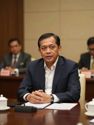 Candid portrait of an Indonesian corporate leader speaking at an elegant boardroom roundtable, warm indoor lighting, shallow depth of field, 35mm