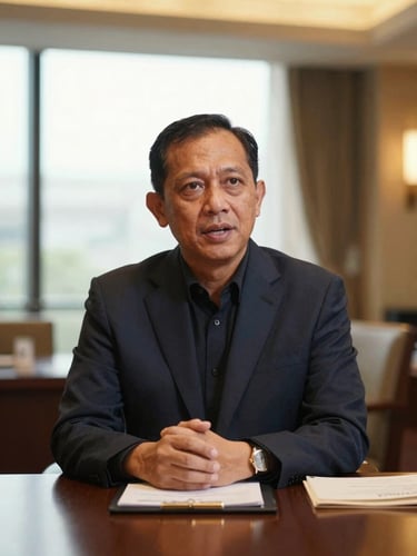 Candid portrait of an Indonesian corporate leader speaking at an elegant boardroom table, warm ambient window light, shallow depth of field, 35mm