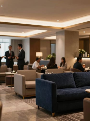 Wide environmental shot of a premium business lounge in Jakarta, elegant warm lighting, executives networking in background, shallow depth of field, 35mm