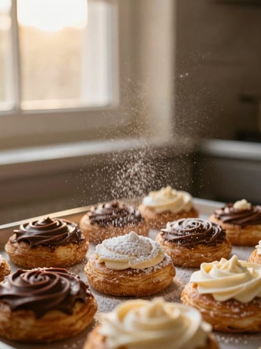 Warm kitchen scene with a dusting of powdered sugar mid-air over fresh pastries, soft golden-hour window light, rich cream and chocolate tones, shallow depth of field, 35mm