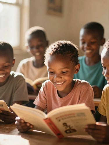 Warm environmental portrait of South African children reading together in a sunlit room, soft golden light, shallow depth of field, 35mm